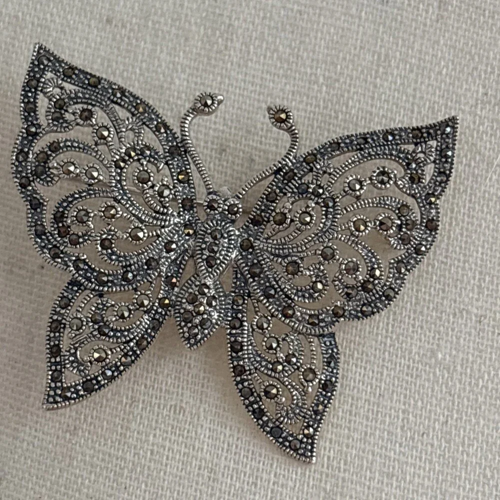 Sterling Silver Large Marcasite Butterfly Brooch Pin Bold Statement NF Thailand